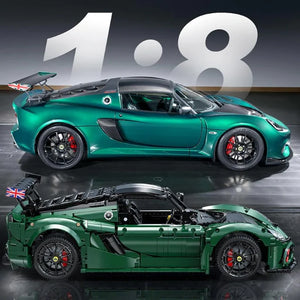 Green sports car model with detailed design on a reflective surface, featuring the number 1.8 in the background.