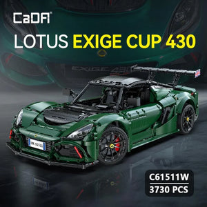 Model of a green Lotus Exige Cup 430 car with 'CaDA' branding on a dark background.