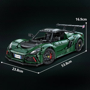 Green sports car model with measurements on a black background