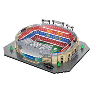 Model of a stadium with red, blue, and gray seats on a white background