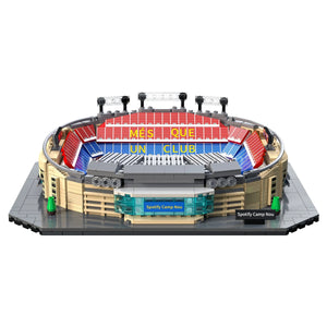 Model of a stadium with colorful seating and branding on a white background