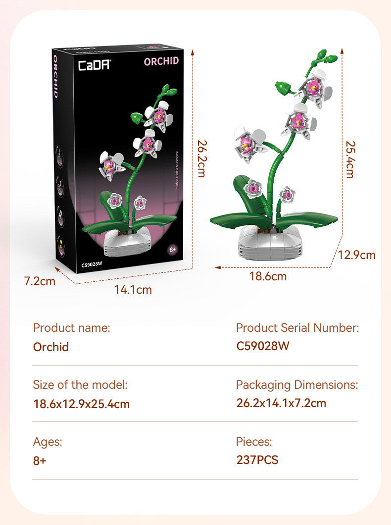 CaDA Building Block Flower Bonsai - Orchid model with box and dimensions displayed, featuring decorative flowers.
