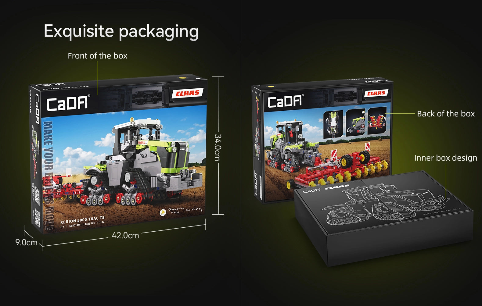 Exquisite packaging of a CADA toy construction set with front, back, and inner box designs.