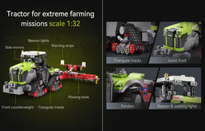 Tractor model for extreme farming missions with features highlighted on a dark background