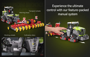 Toy construction vehicle set with labeled parts and a hand interacting with it, on a dark background.