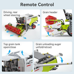Illustrations of a combine harvester with labeled features on a white background