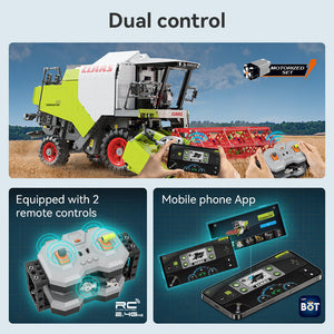 Motorized farming vehicle with remote controls and smartphone app interface on a blue background