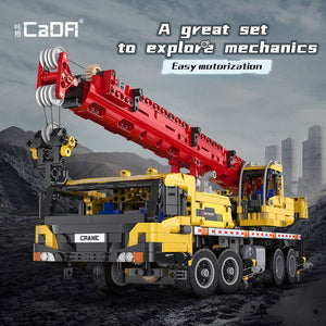 Toy crane set with 'CaDA' branding and promotional text on a mountainous background