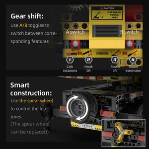 Control panel and construction features of a toy crane with text instructions on a black background.