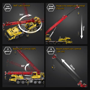 Illustrations of a toy crane with different control features and extensions on a dark background.