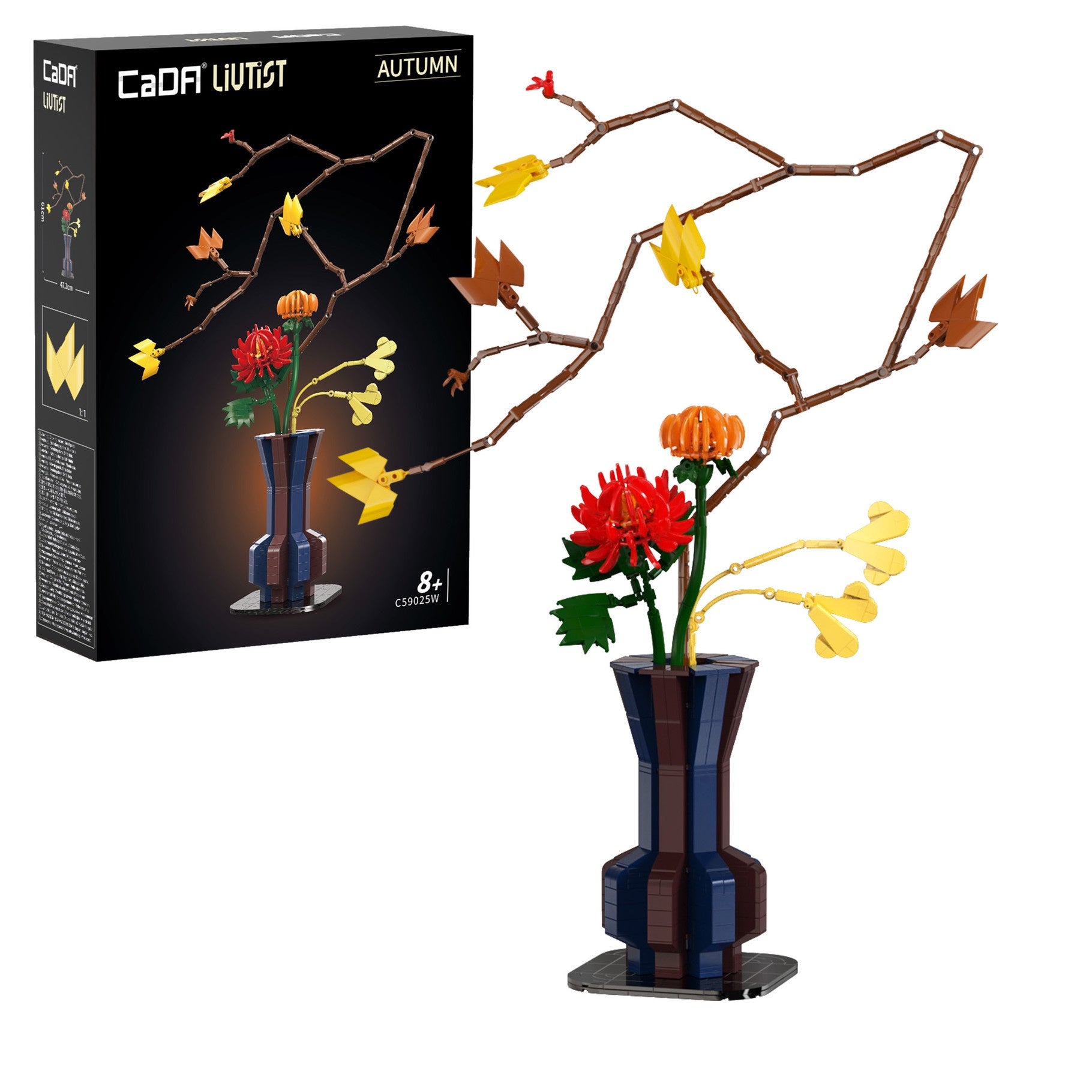 Toy flower arrangement with a blue vase next to its packaging box on a white background