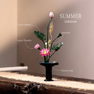Decorative flower arrangement with labeled components on a wooden surface.