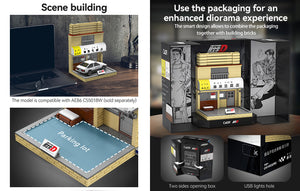 Model building set with packaging and accessories on a dark background