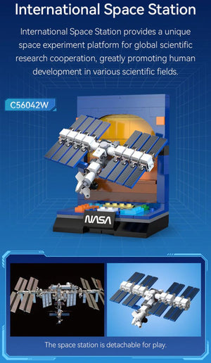 Model of the International Space Station with NASA branding on a blue background