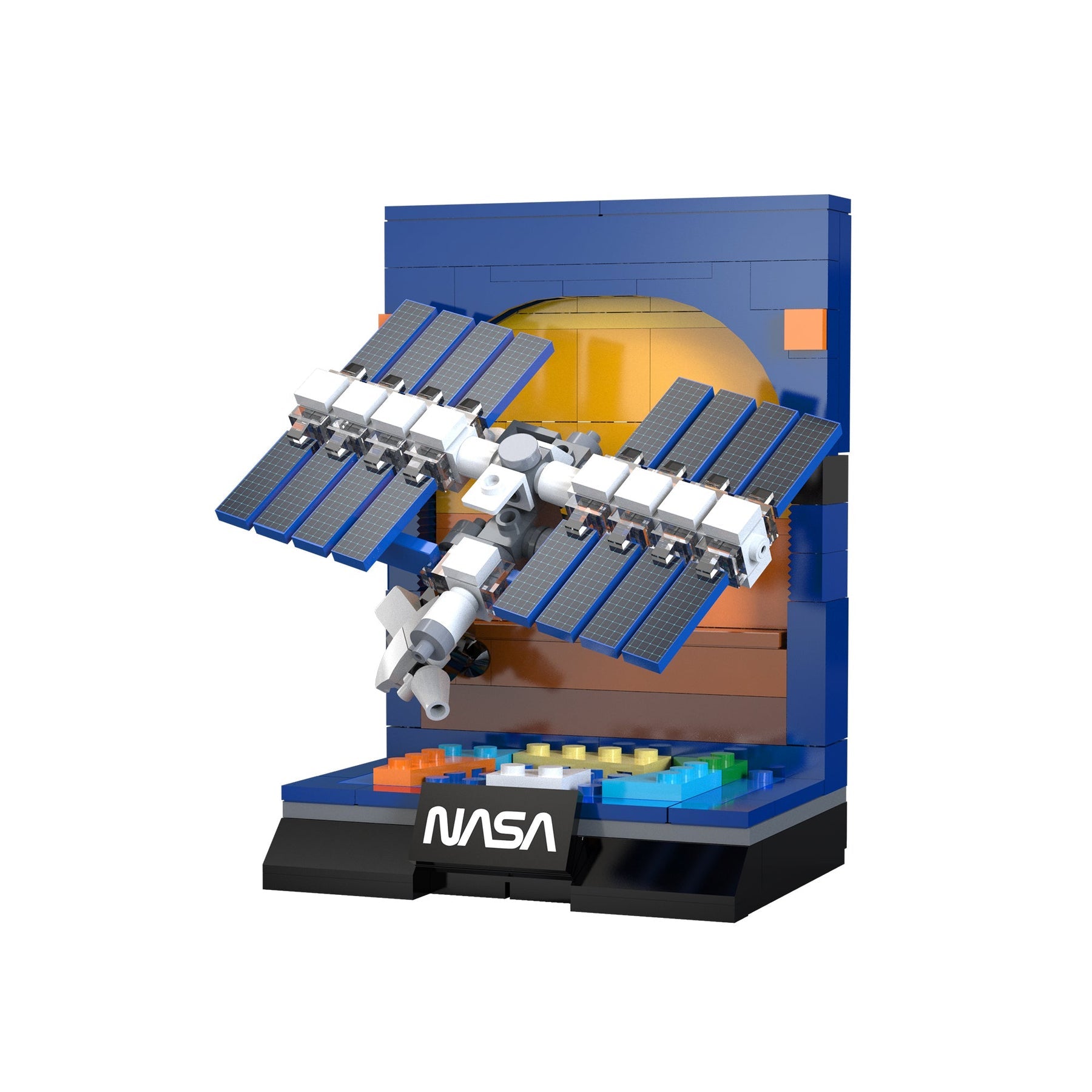 Model of a space station made from interlocking bricks with NASA branding on a white background