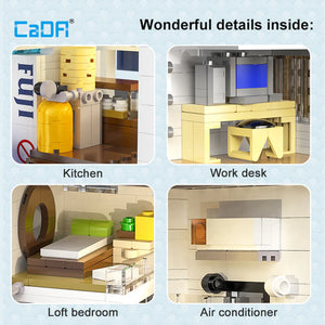 Model of a building with different rooms including kitchen, work desk, loft bedroom, and air conditioner, featuring the brand 'CaDA'.