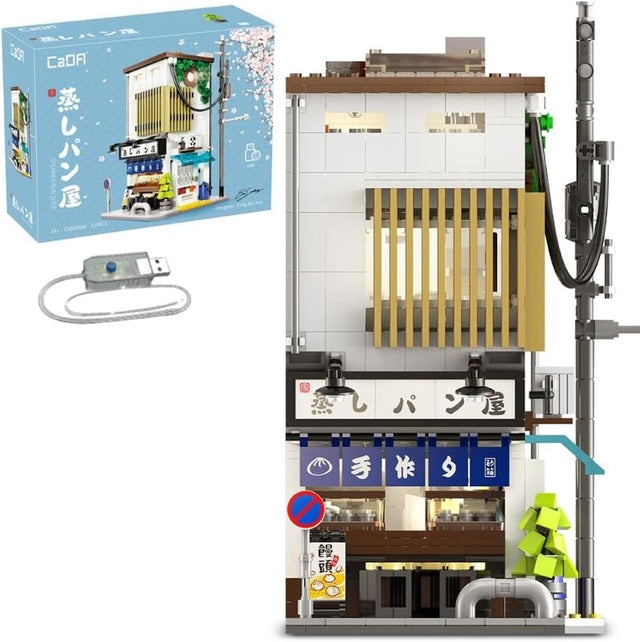 CaDA Japanese-Style Steamed Bun Shop Brick Model Kits displayed with packaging and accessories.