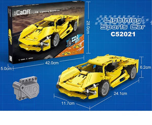 Yellow sports car model and packaging with dimensions on a blue grid background