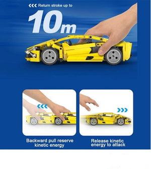 Yellow toy car model with detailed views on a white background