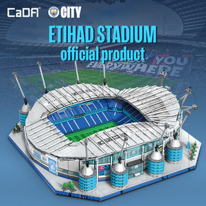 Model of Etihad Stadium with branding on a blue background