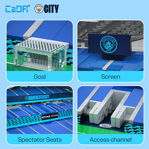Model of a stadium with goal, screen, spectator seats, and access channel on a blue background.