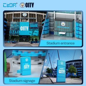 Collage of Etihad Stadium entrance and signage with C2DA and Manchester City branding.