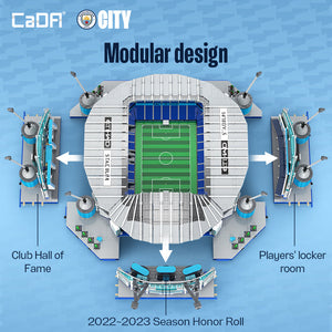 Diagram of a stadium with modular design elements on a blue background, featuring CaDA CITY branding.
