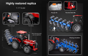 Highly restored replica of a tractor with various attachments on a black background