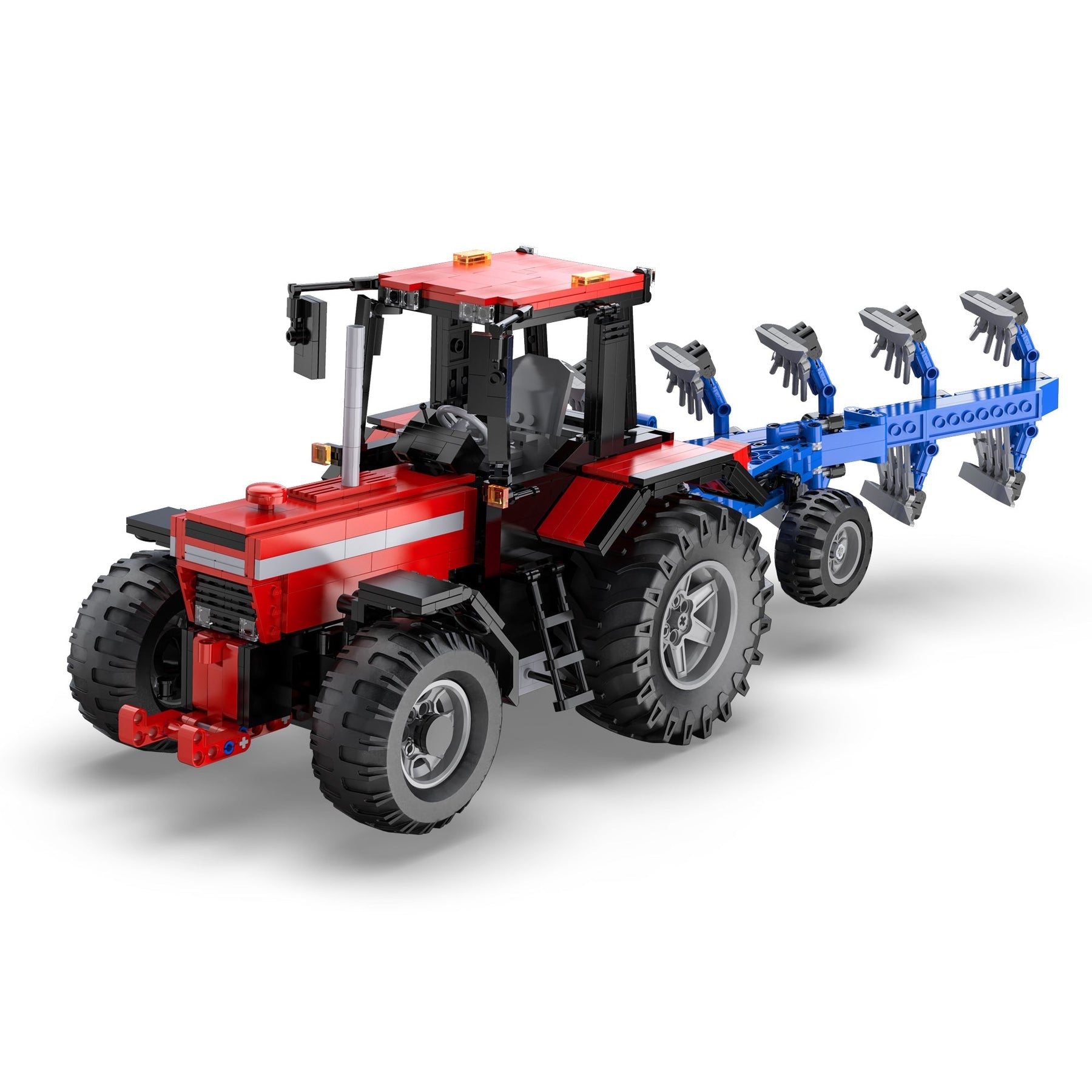 Red and black toy tractor with blue attachment on a white background
