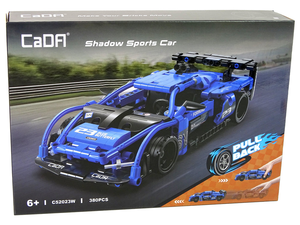 Boxed CaDA Shadow Sports Car toy set with blue and black design on a racing track background.