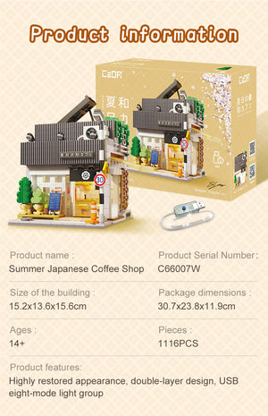 Model of a Japanese coffee shop with packaging, product details on a beige background.