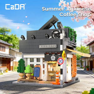 CaDA Summer Japanese Coffee Shop Brick Model Kits displayed in a charming alleyway setting.