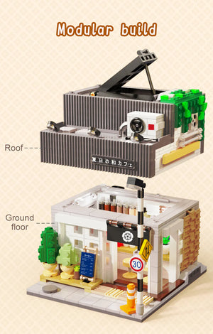 CaDA Summer Japanese Coffee Shop Brick Model Kits modular build showcasing detailed roof and ground floor design.