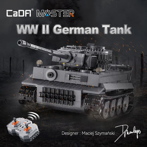 Model of a WWII German tank with remote control on a dark background, featuring the CaDA Master brand.