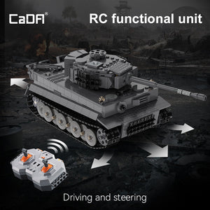 Toy tank model with remote control on a dark background, featuring the CaDA brand.