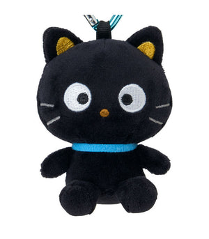 Black cat plush toy with a blue collar on a white background