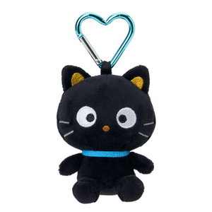 Black cat-shaped plush keychain with a heart-shaped carabiner on a white background