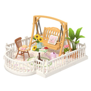 Rolife Super Creator Extension Pack - Sunny Break Terrace with swing, sunflowers, and decorative plants.