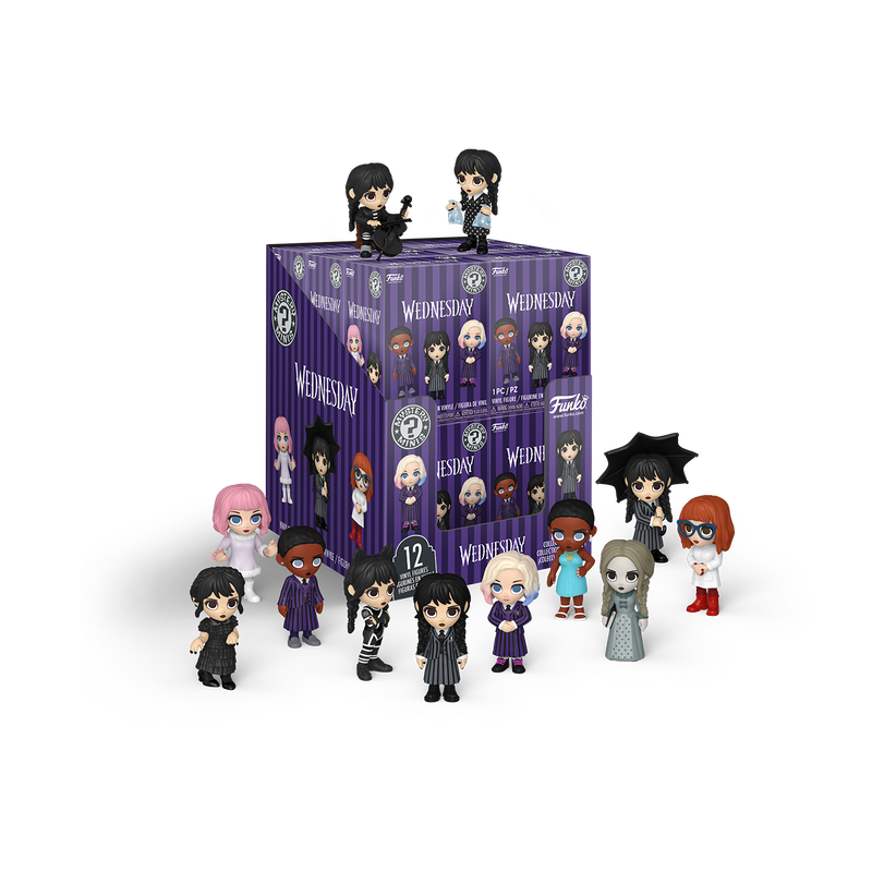 Collection of 'Wednesday' themed figurines in front of a purple box with character illustrations.