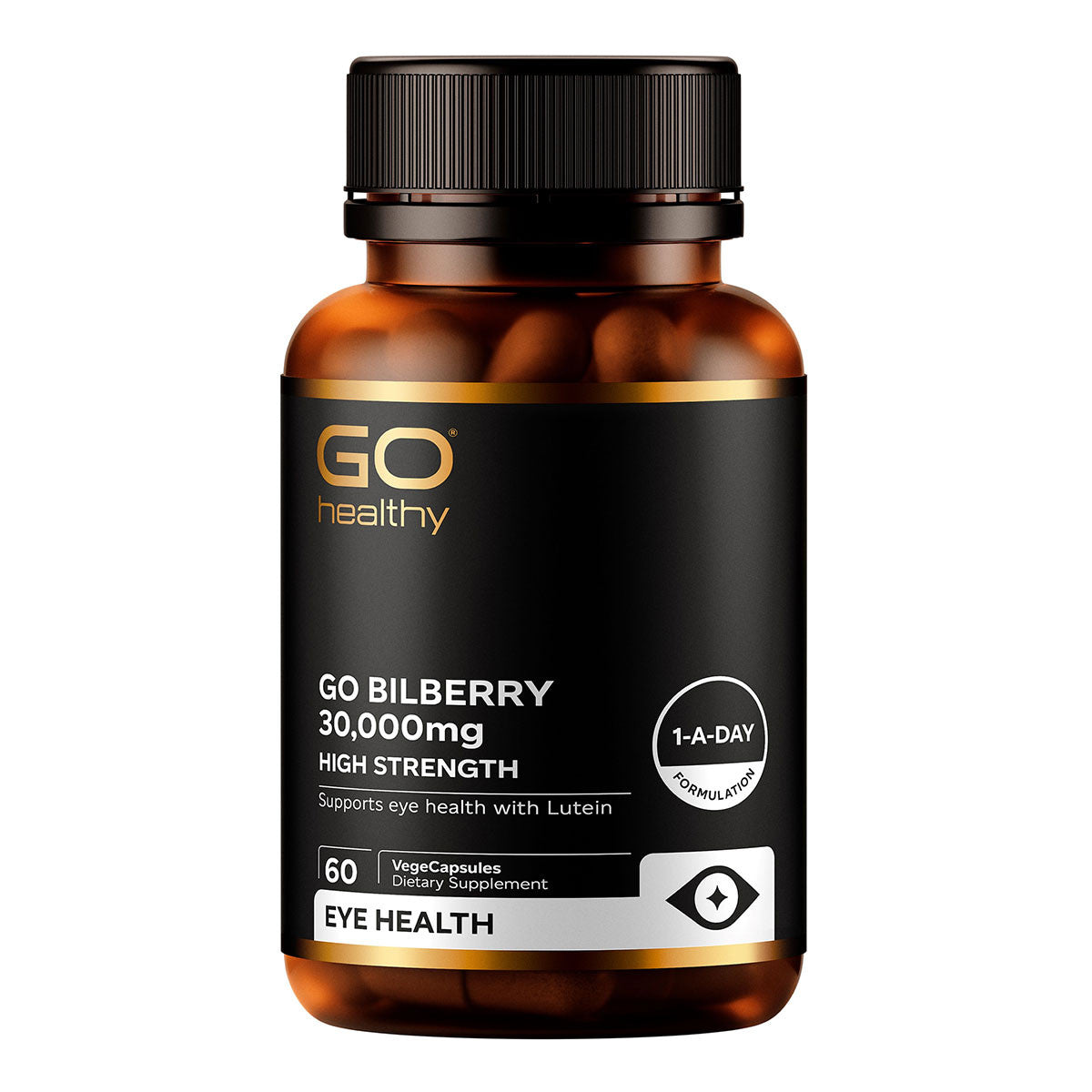Supplement bottle labeled 'GO Bilberry 30,000mg' on a white background