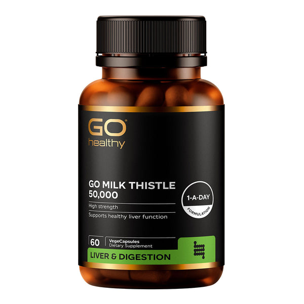 Supplement bottle labeled 'GO Milk Thistle 50,000' by GO Healthy on a white background