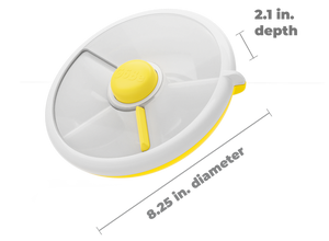 White and yellow kitchen tool with measurements on a white background
