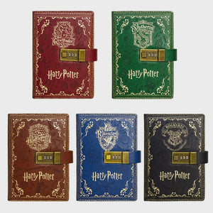 Set of Harry Potter-themed notebooks with different house colors on a white background