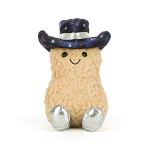 Plush toy resembling a cowboy with a galaxy-patterned hat on a white background