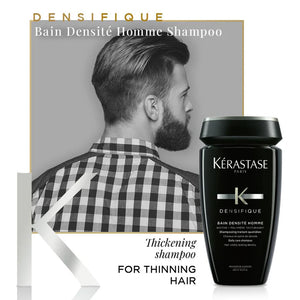 Kérastase Densifique shampoo bottle with a man looking over his shoulder in a checkered shirt.