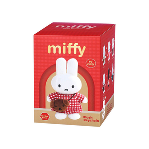 Red box packaging for a plush keychain featuring the character Miffy, with illustrations of Miffy on the side.