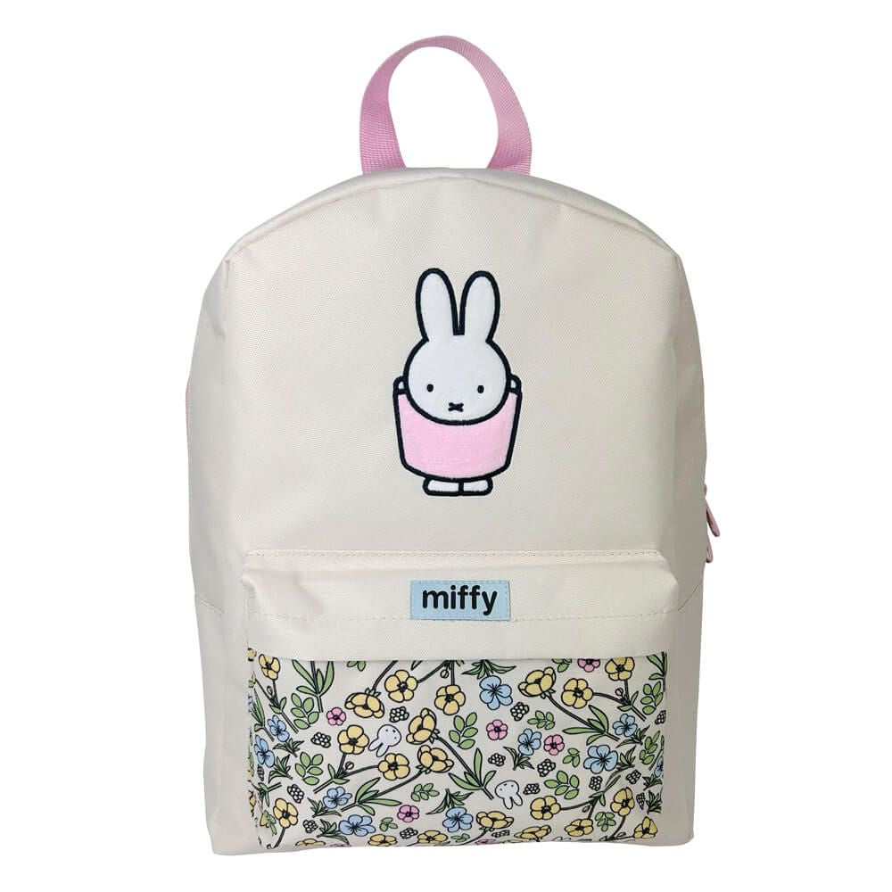 White backpack with a cartoon character and floral pattern on a white background