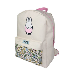 Backpack with cartoon character and floral pattern on a white background