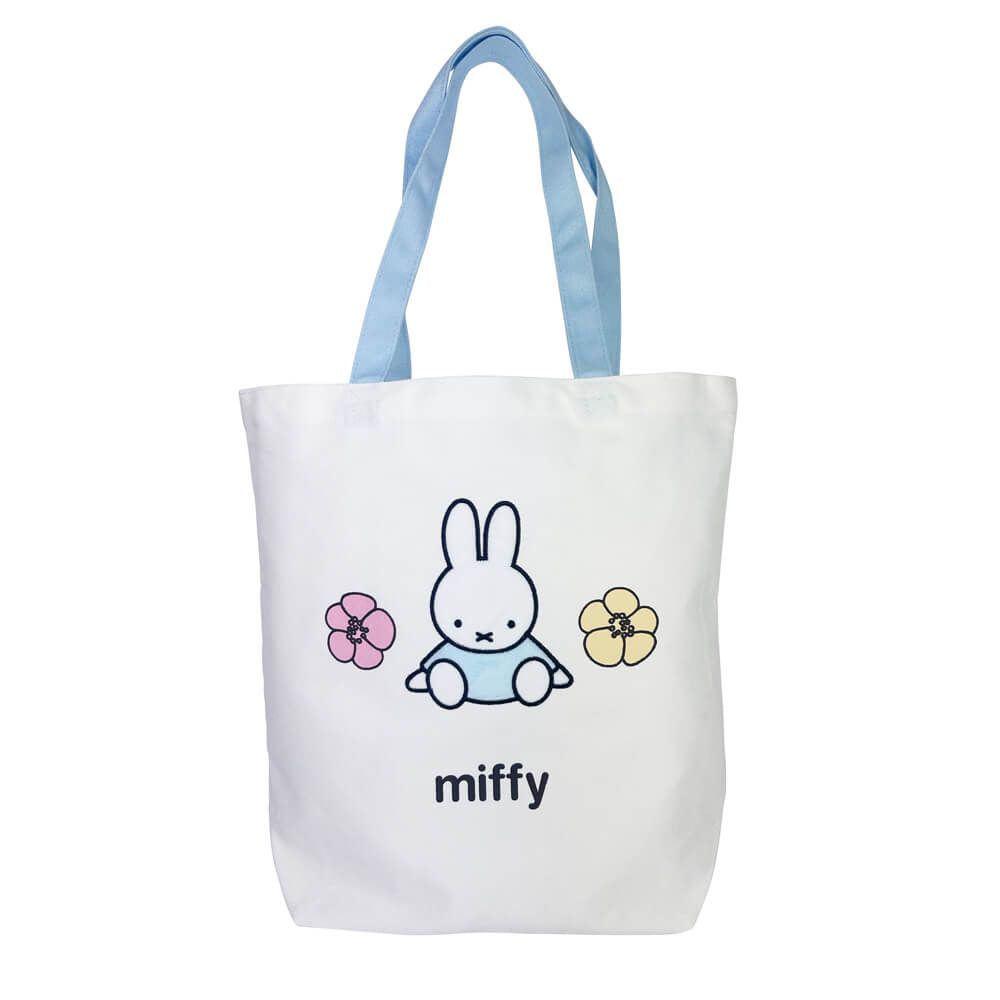 White tote bag with Miffy character and flowers on a white background