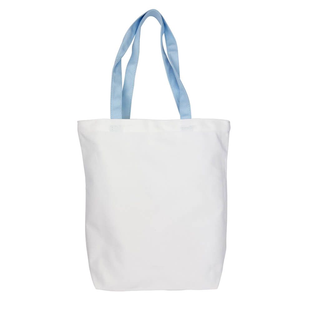 White tote bag with light blue handles on a white background